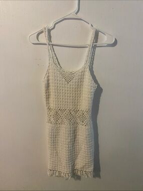 Cream Crochet Mini Dress with V-Neck and Spaghetti Straps